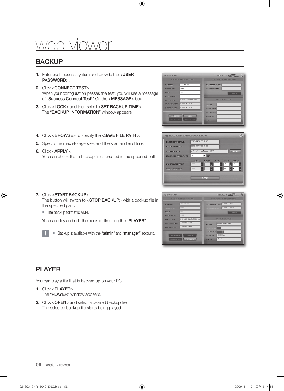 Web viewer, Backup, Player | Samsung SHR-3040 User Manual | Page 56 / 68