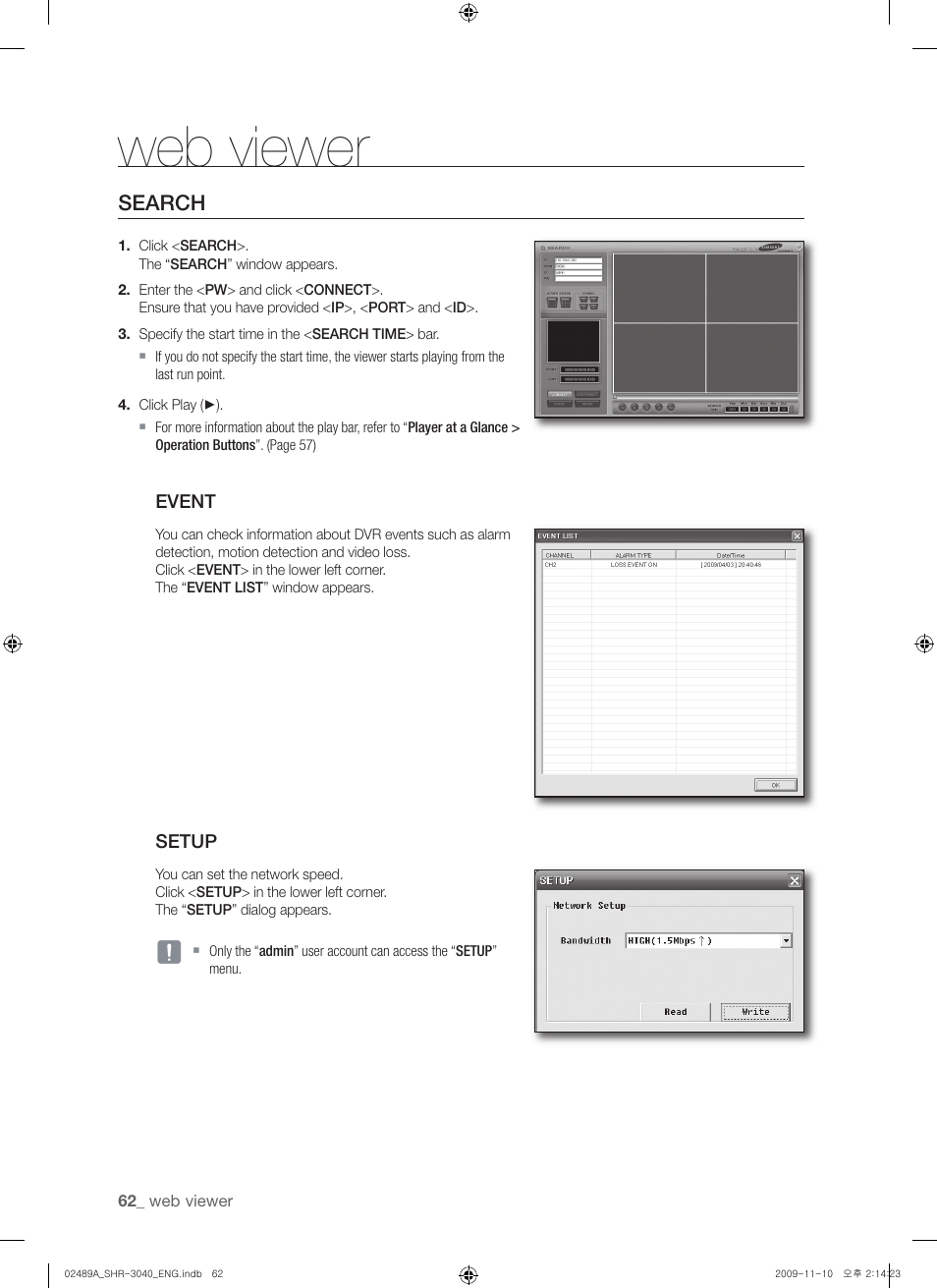 Web viewer, Search | Samsung SHR-3040 User Manual | Page 62 / 68