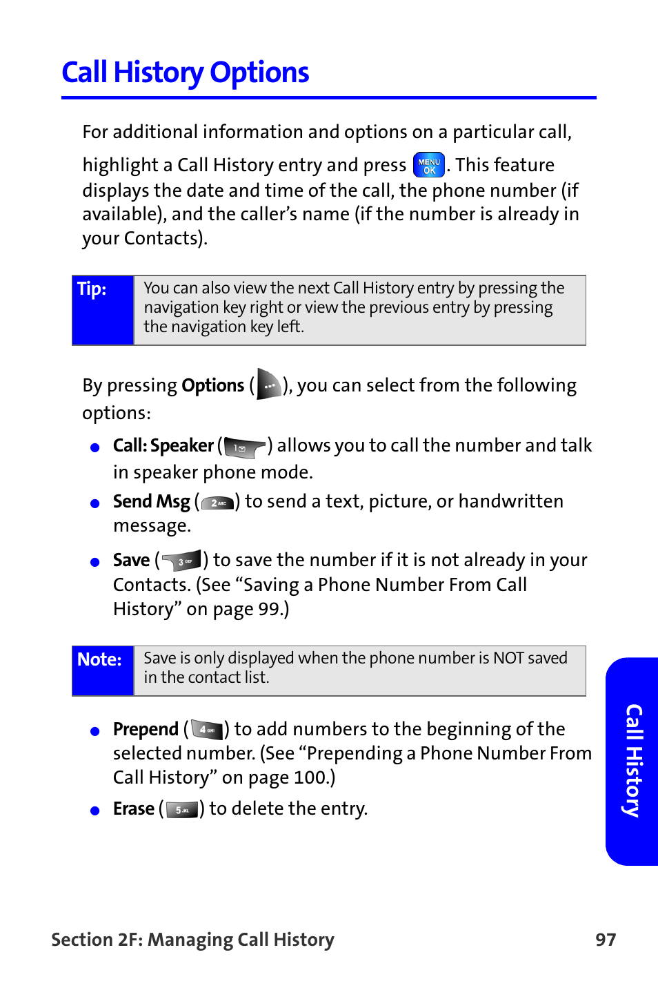 Call history options, Call hi stor y | Samsung A820 User Manual | Page 105 / 239