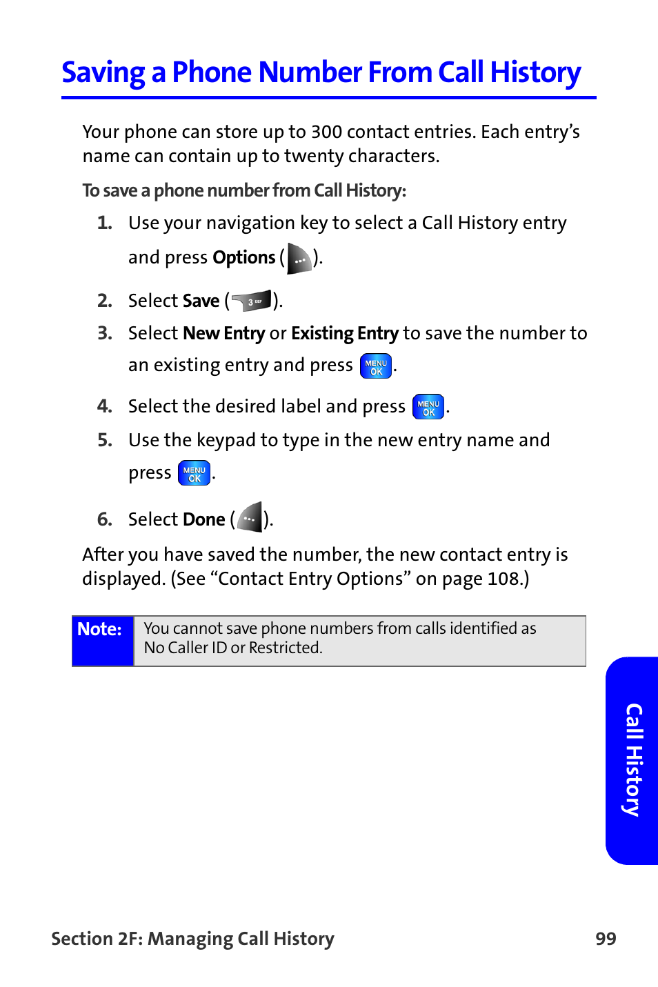 Saving a phone number from call history | Samsung A820 User Manual | Page 107 / 239