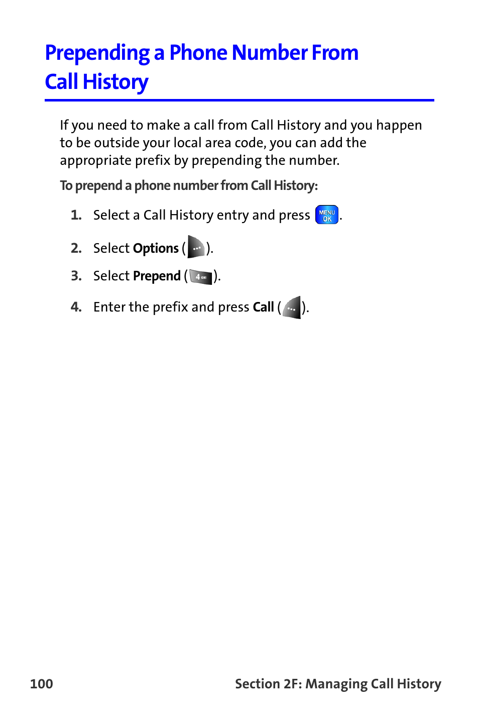 Prepending a phone number from call history | Samsung A820 User Manual | Page 108 / 239