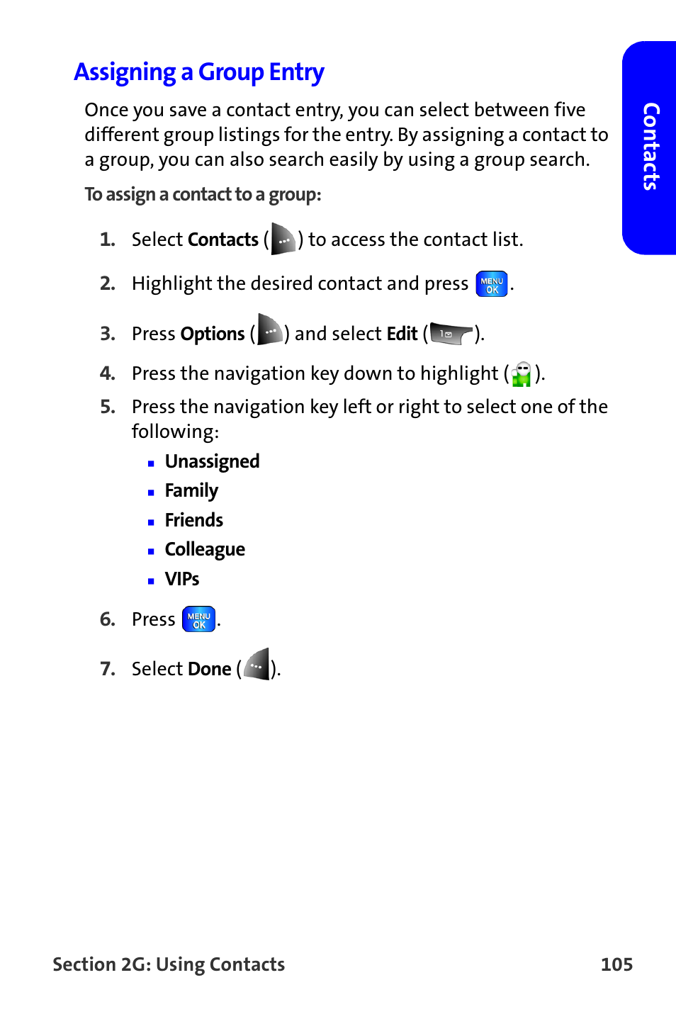 Assigning a group entry, Co n ta ct s | Samsung A820 User Manual | Page 113 / 239