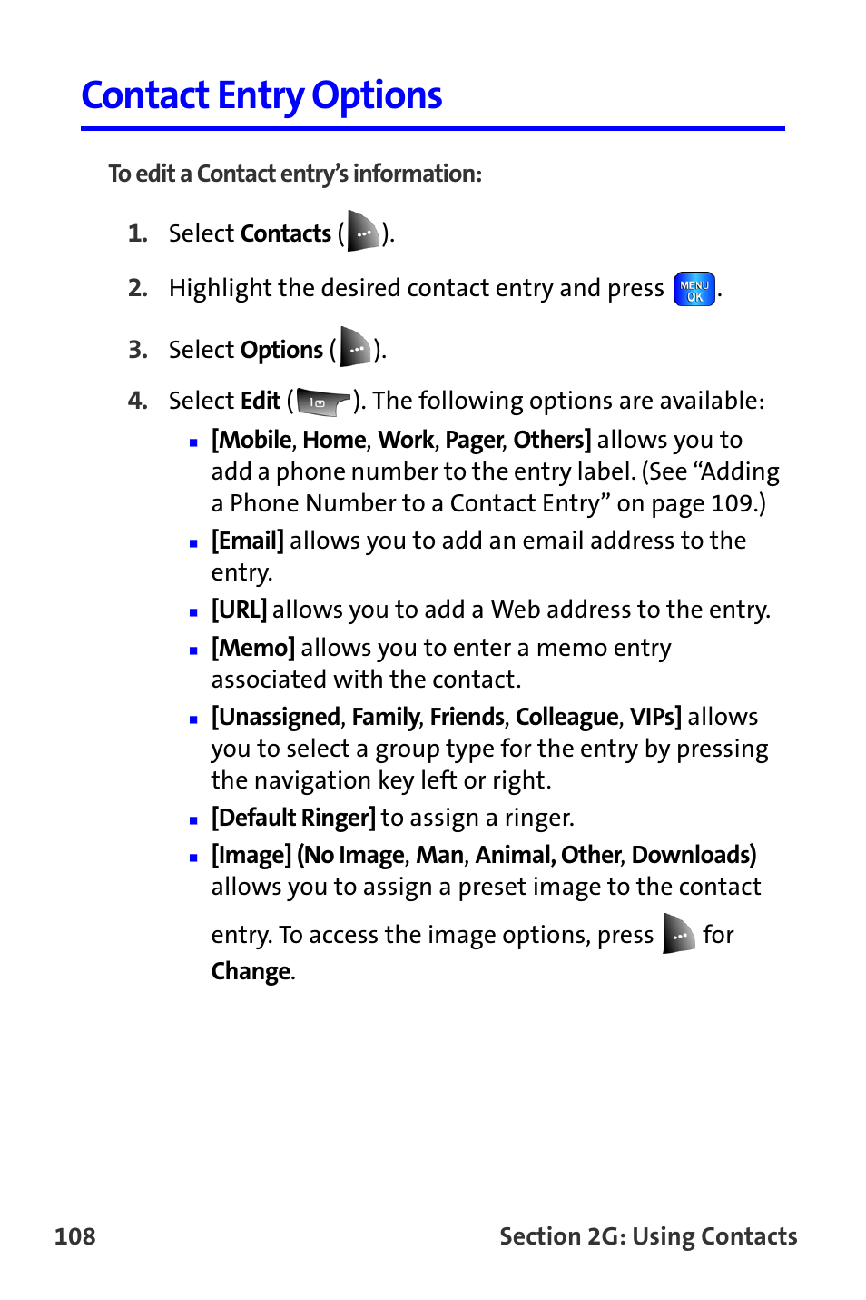 Contact entry options | Samsung A820 User Manual | Page 116 / 239