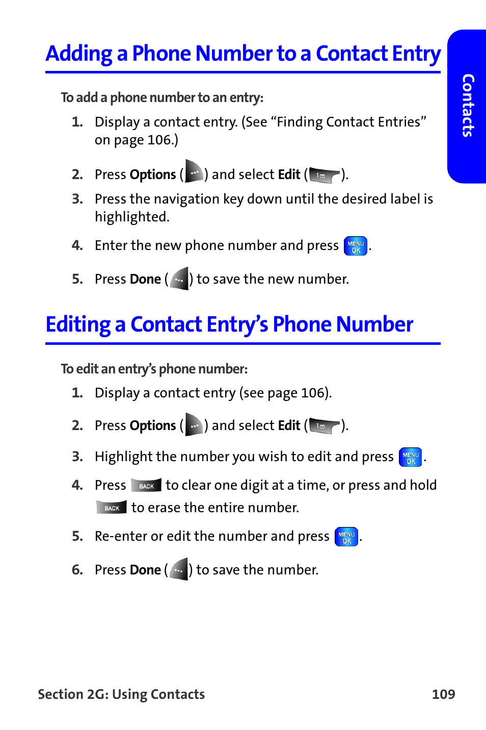 Adding a phone number to a contact entry, Editing a contact entry’s phone number | Samsung A820 User Manual | Page 117 / 239