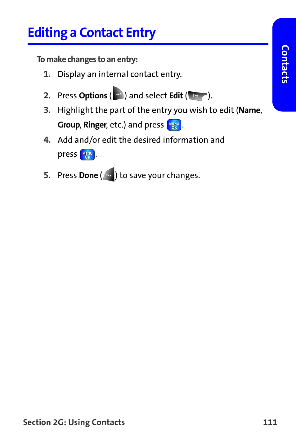 Editing a contact entry | Samsung A820 User Manual | Page 119 / 239