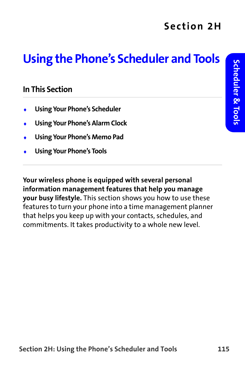Using the phone’s scheduler and tools, 2h. using the phone’s scheduler and tools, Scheduler & t o ols | Samsung A820 User Manual | Page 123 / 239