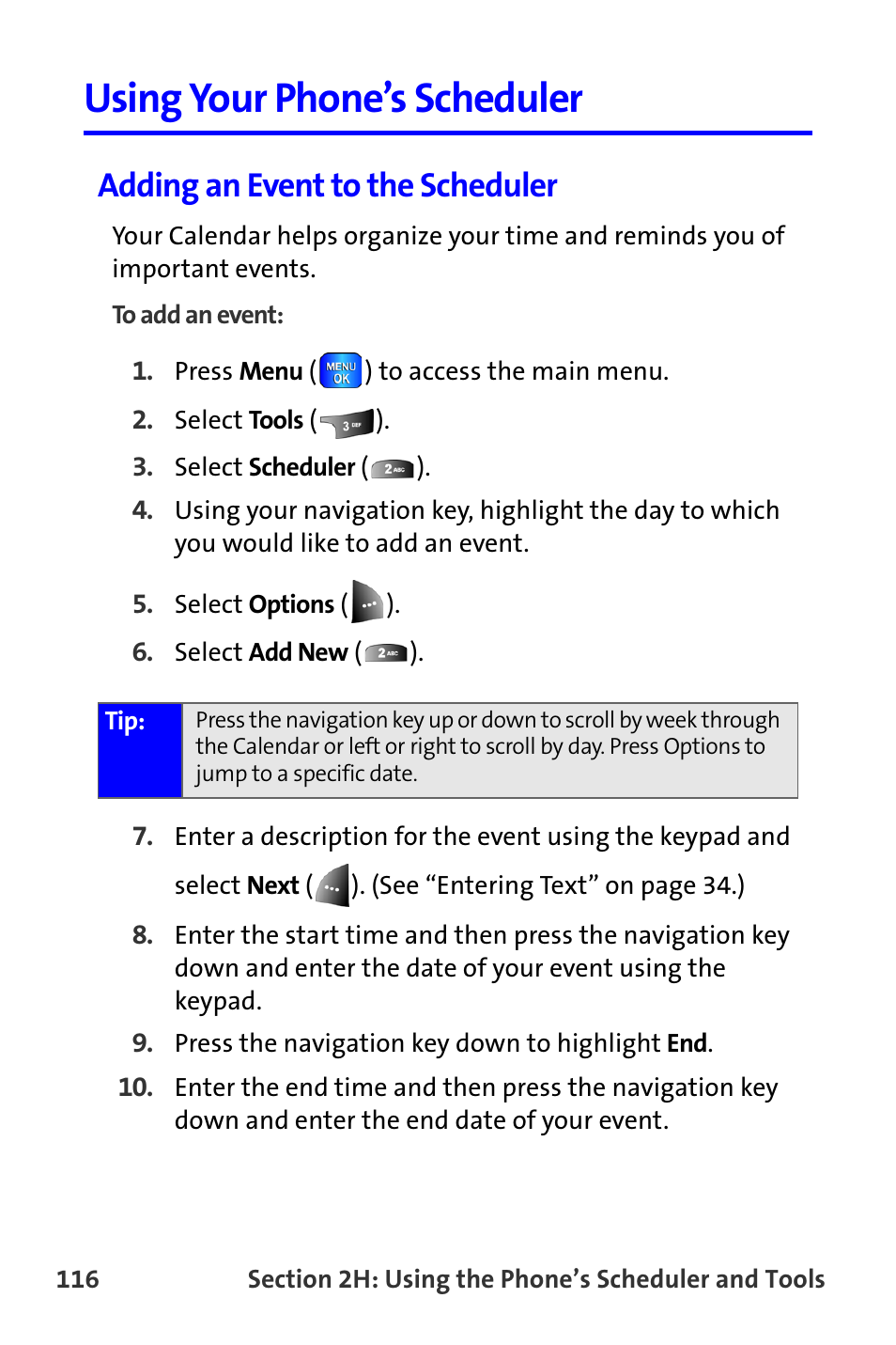 Using your phone’s scheduler, Adding an event to the scheduler | Samsung A820 User Manual | Page 124 / 239