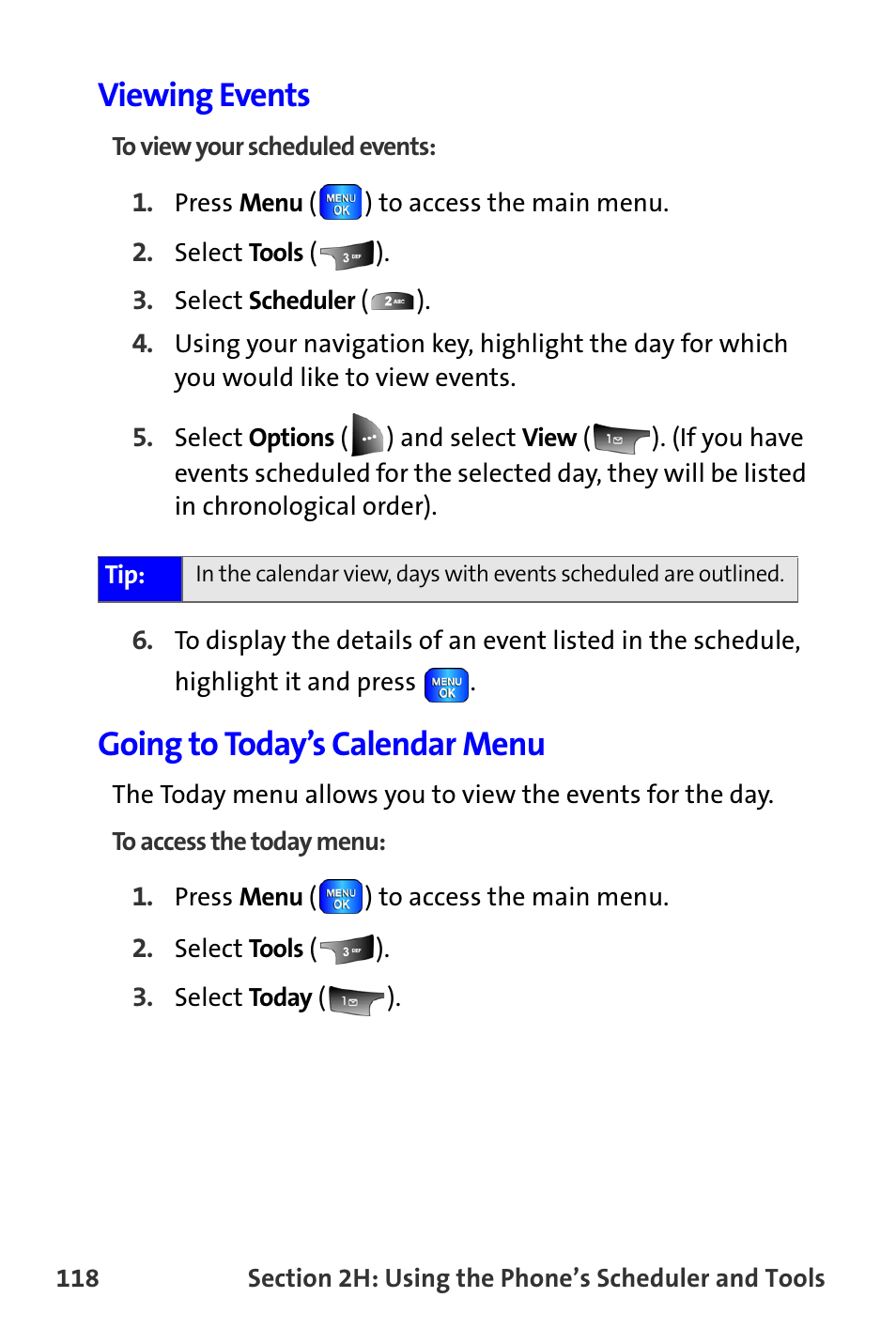 Viewing events, Going to today’s calendar menu | Samsung A820 User Manual | Page 126 / 239
