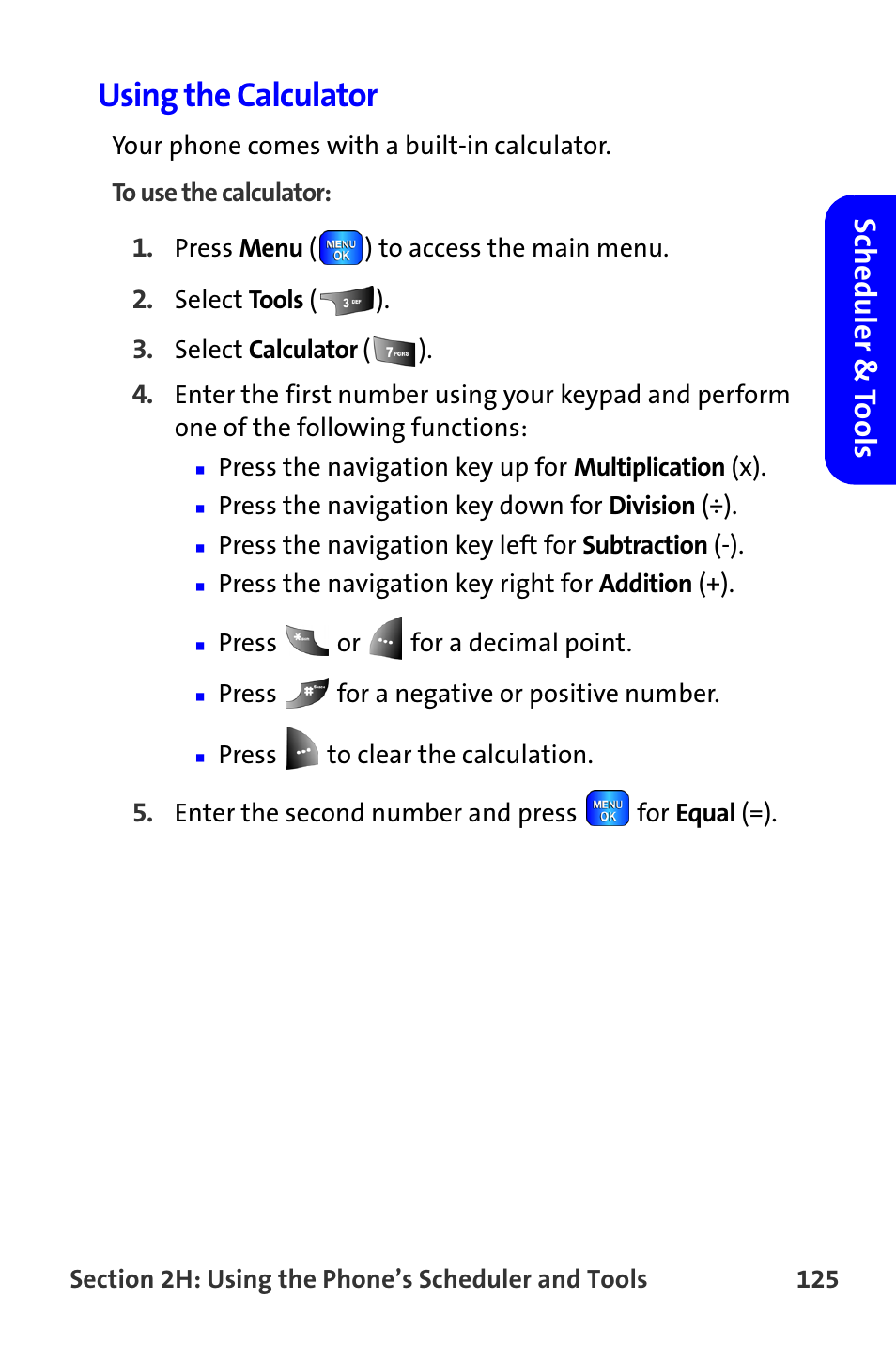 Using the calculator, Scheduler & t o ols | Samsung A820 User Manual | Page 133 / 239