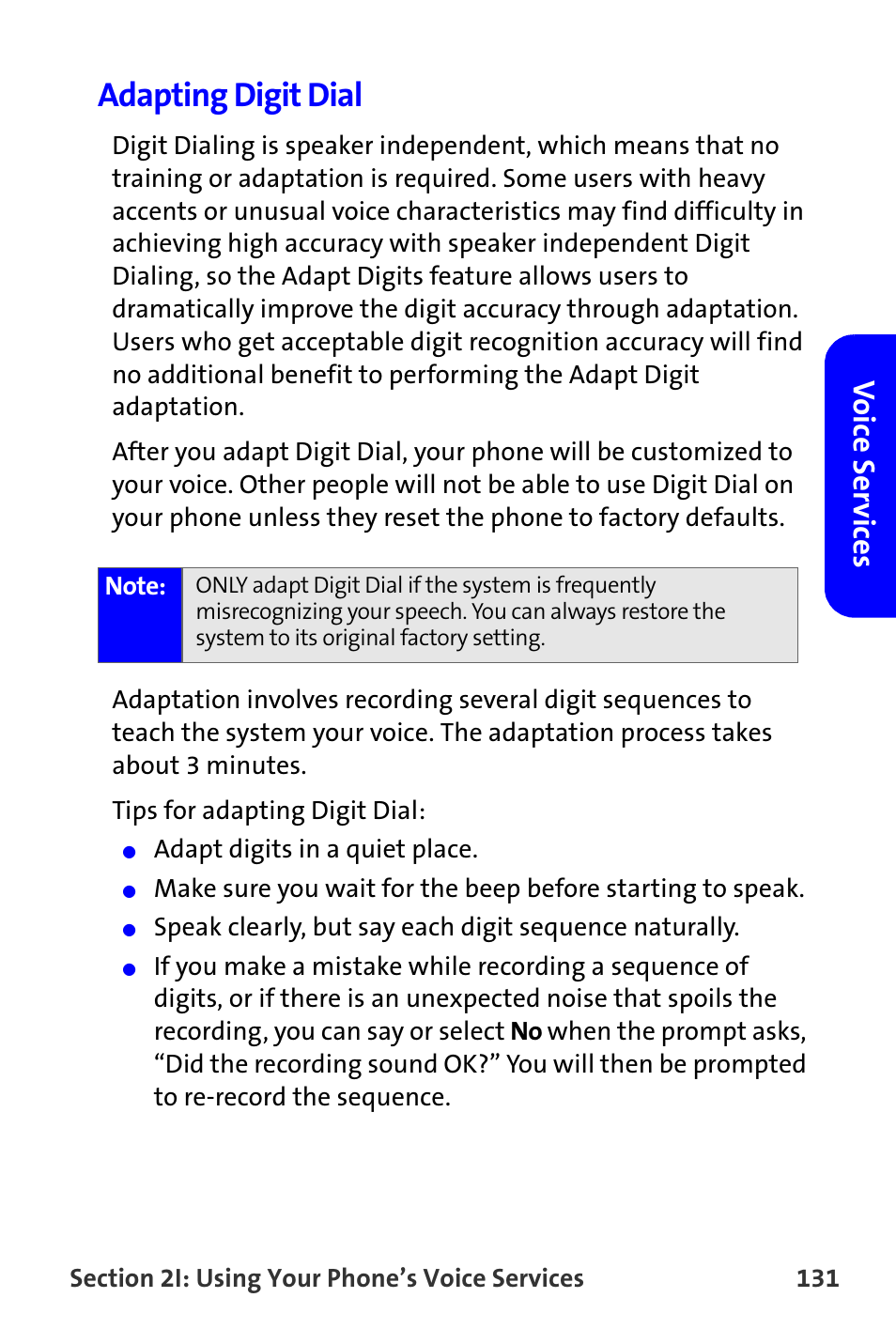 Adapting digit dial, Vo ice ser v ices | Samsung A820 User Manual | Page 139 / 239