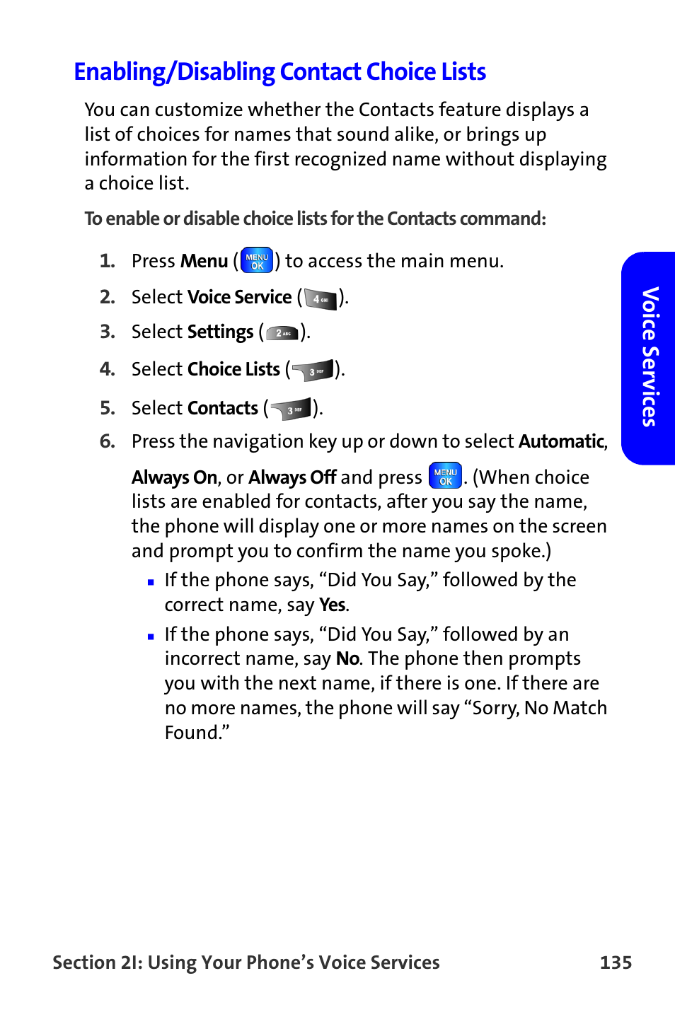 Enabling/disabling contact choice lists, Vo ice ser v ices | Samsung A820 User Manual | Page 143 / 239