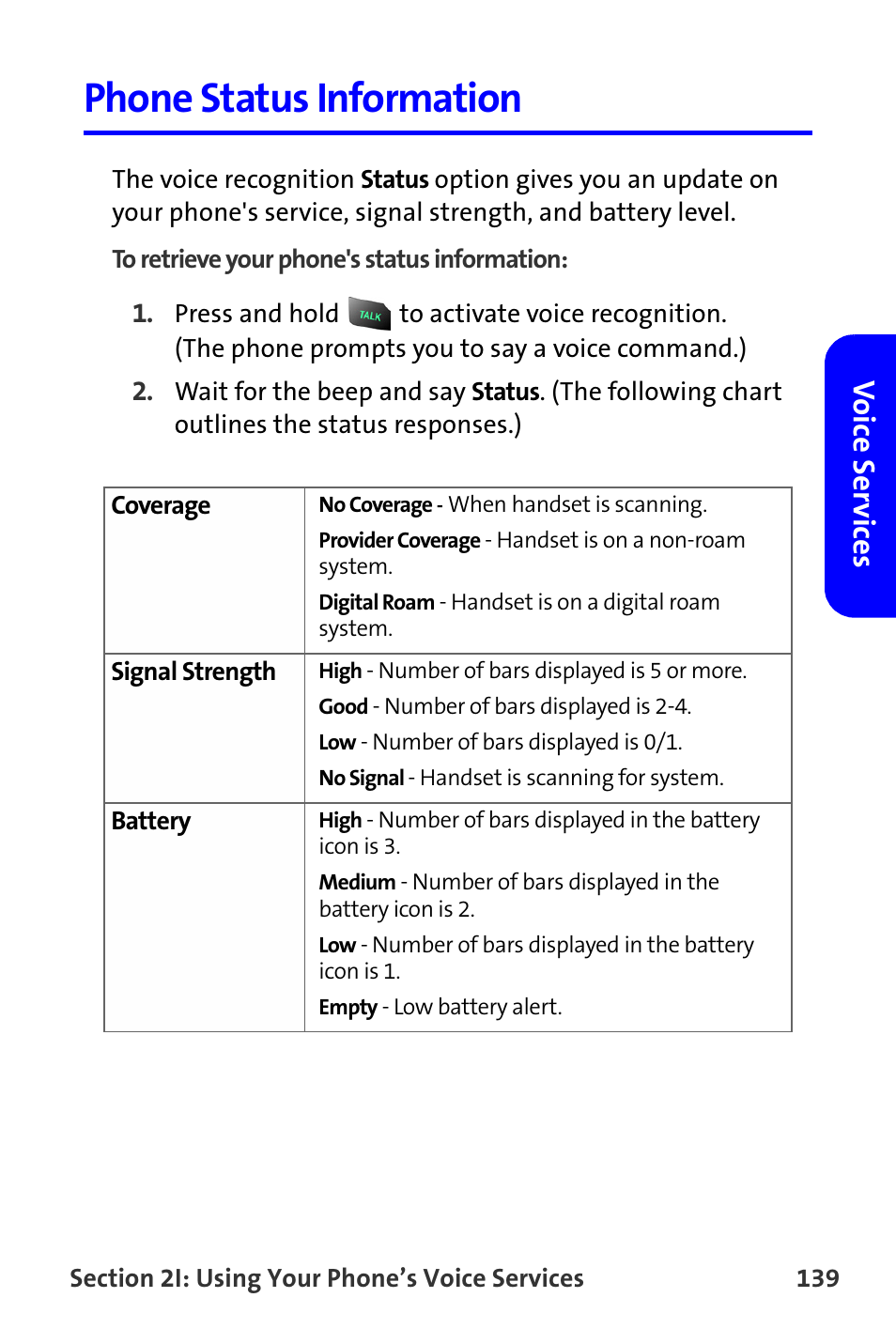Phone status information, Vo ice ser v ices | Samsung A820 User Manual | Page 147 / 239