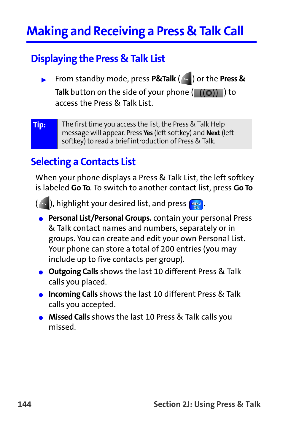 Making and receiving a press & talk call, Displaying the press & talk list, Selecting a contacts list | Samsung A820 User Manual | Page 152 / 239
