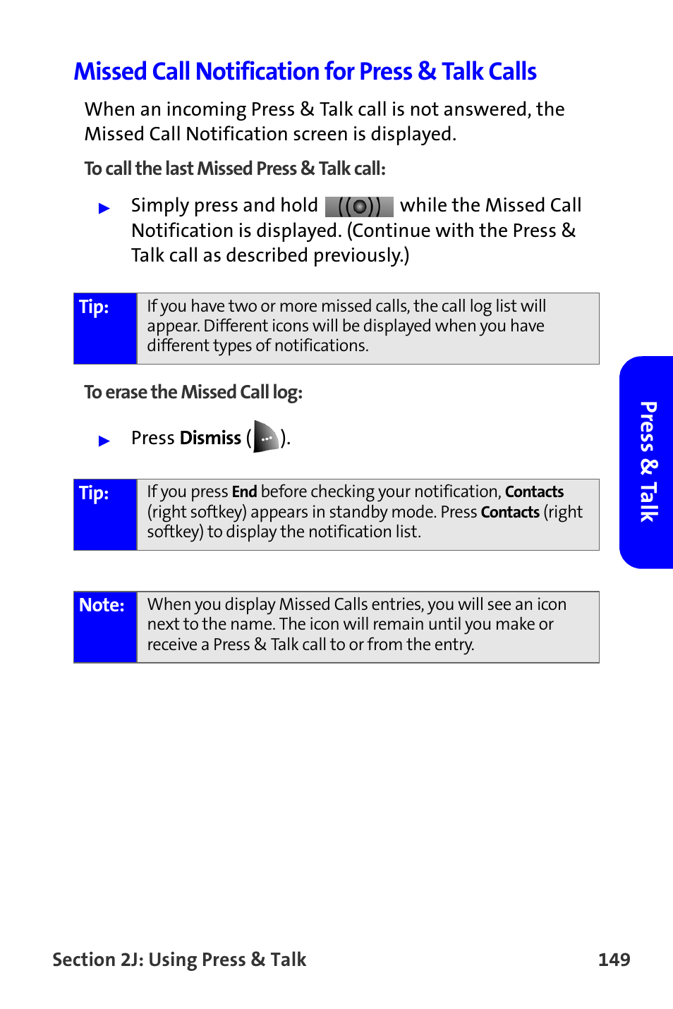 Missed call notification for press & talk calls, Press & t a lk | Samsung A820 User Manual | Page 157 / 239
