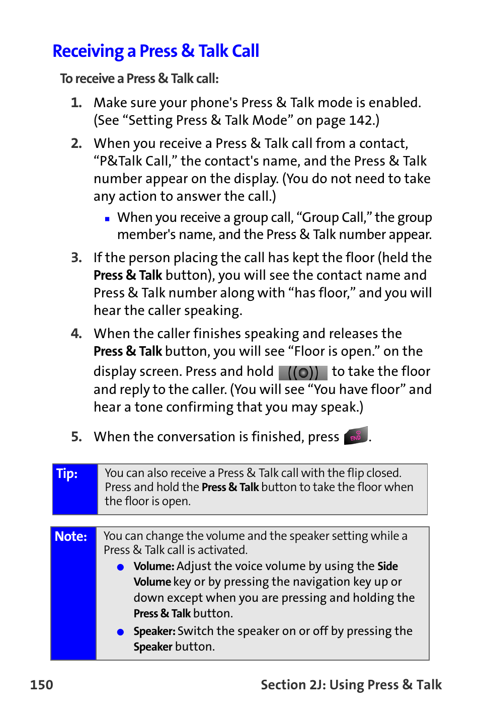 Receiving a press & talk call | Samsung A820 User Manual | Page 158 / 239