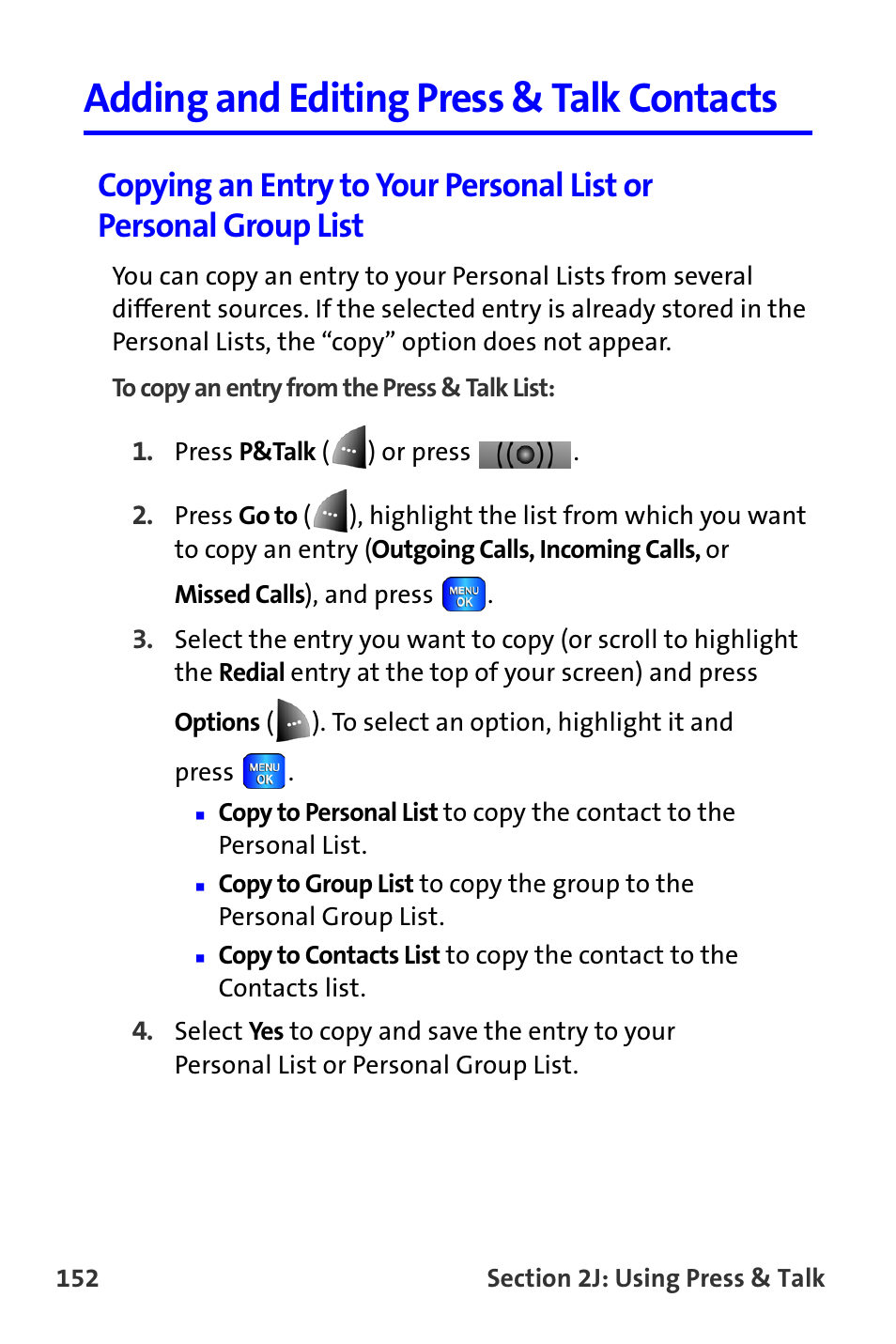 Adding and editing press & talk contacts | Samsung A820 User Manual | Page 160 / 239