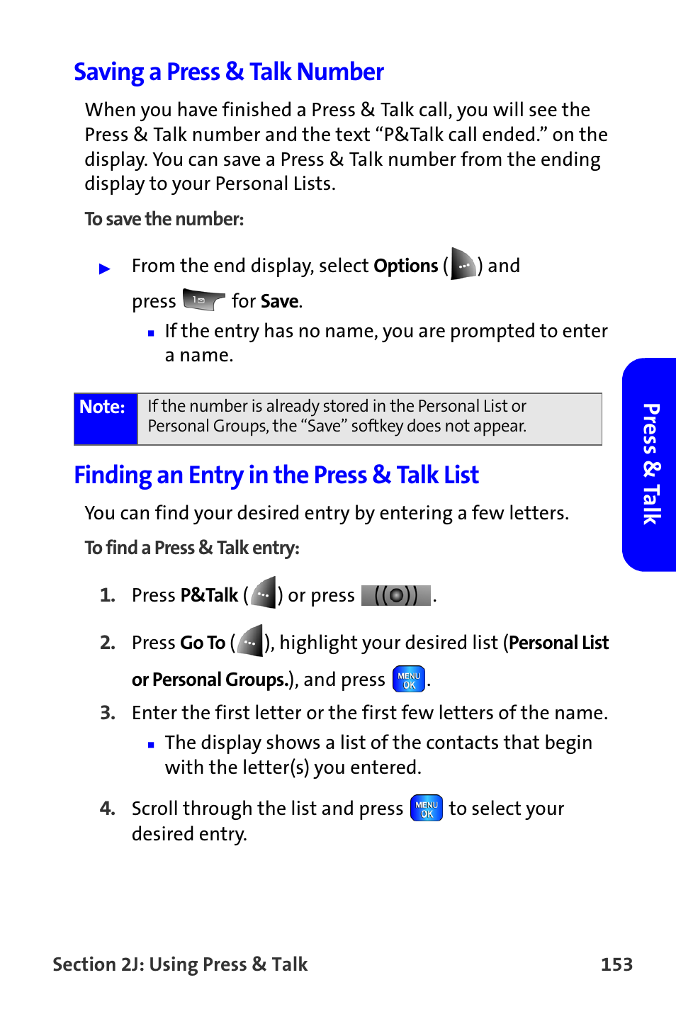 Saving a press & talk number, Finding an entry in the press & talk list, Press & t a lk | Samsung A820 User Manual | Page 161 / 239