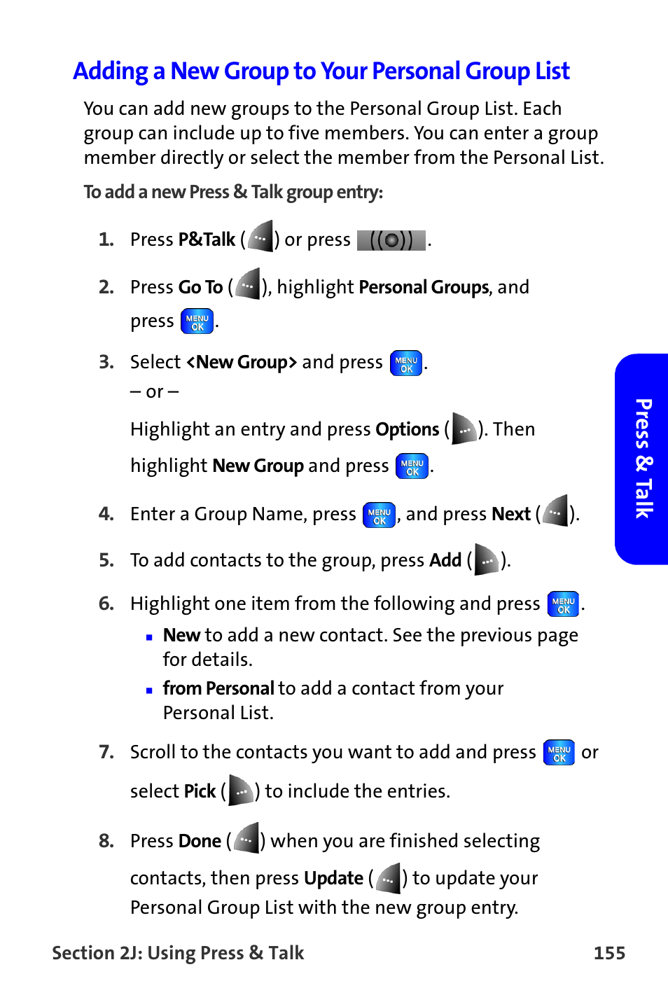 Adding a new group to your personal group list, Press & t a lk | Samsung A820 User Manual | Page 163 / 239