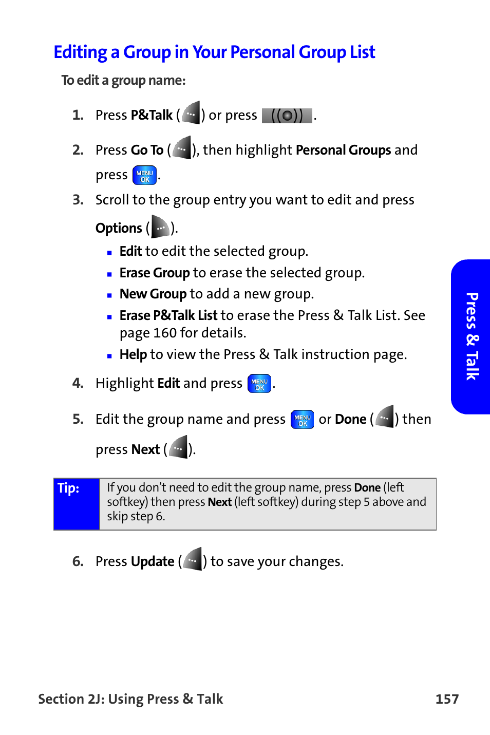 Editing a group in your personal group list, Press & t a lk | Samsung A820 User Manual | Page 165 / 239