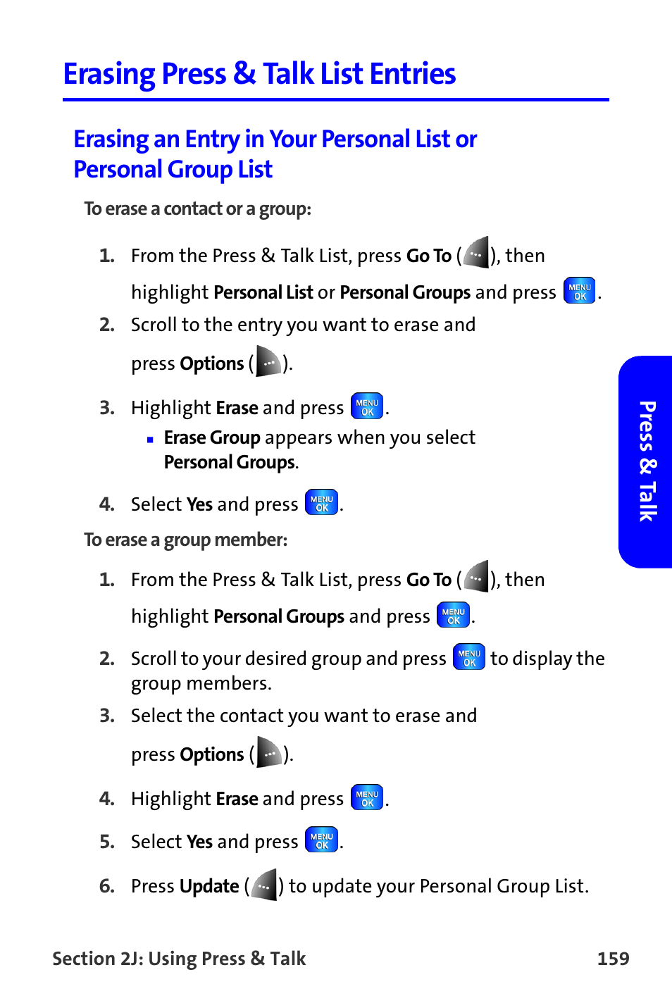 Erasing press & talk list entries | Samsung A820 User Manual | Page 167 / 239