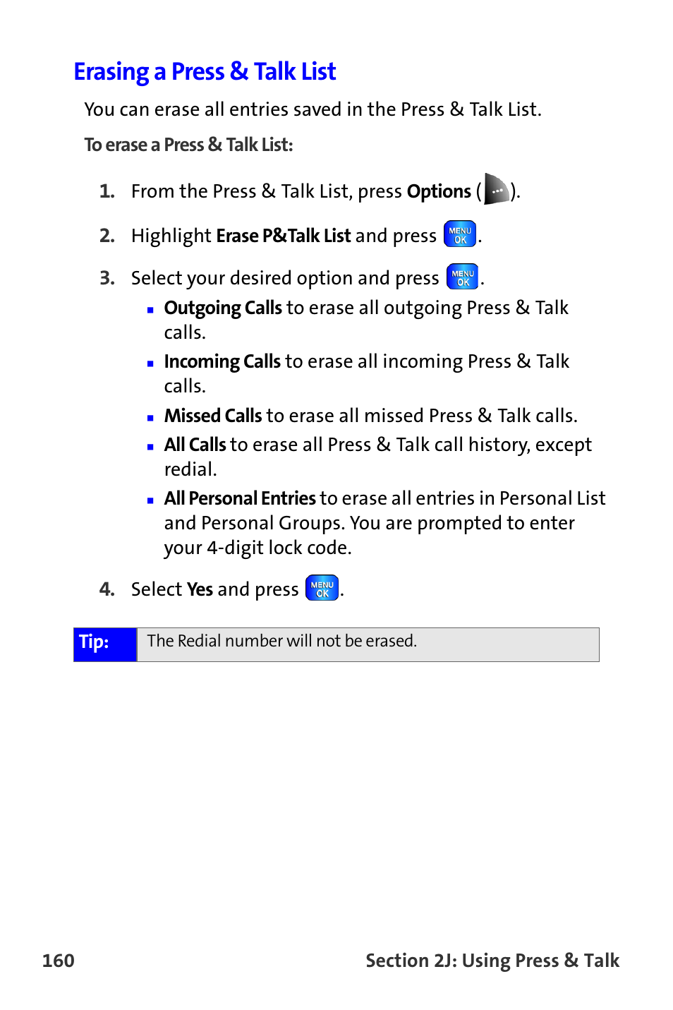 Erasing a press & talk list | Samsung A820 User Manual | Page 168 / 239