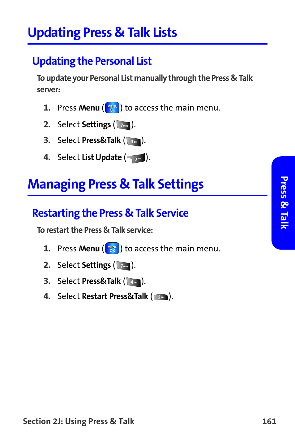 Updating press & talk lists, Updating the personal list, Managing press & talk settings | Restarting the press & talk service | Samsung A820 User Manual | Page 169 / 239