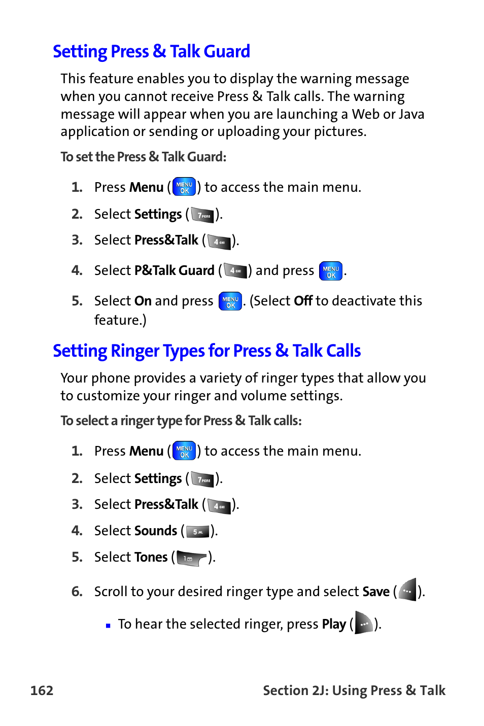 Setting press & talk guard, Setting ringer types for press & talk calls | Samsung A820 User Manual | Page 170 / 239