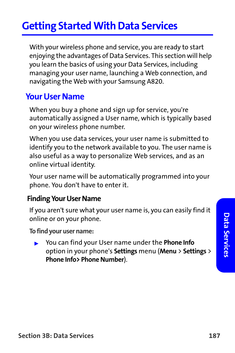 Getting started with data services, Your user name | Samsung A820 User Manual | Page 195 / 239