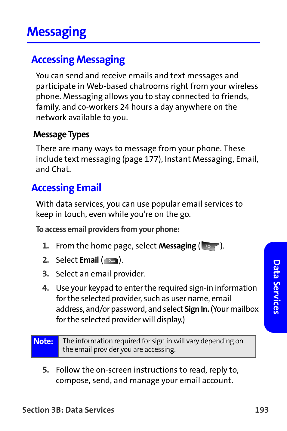 Messaging, Accessing messaging, Accessing email | Samsung A820 User Manual | Page 201 / 239