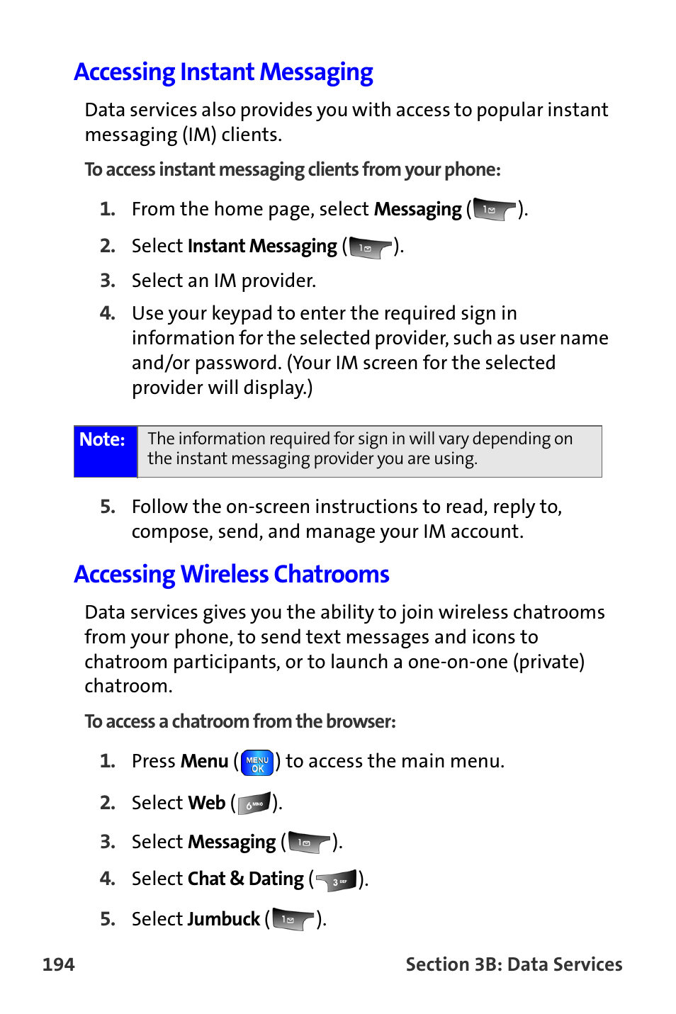 Accessing instant messaging, Accessing wireless chatrooms | Samsung A820 User Manual | Page 202 / 239