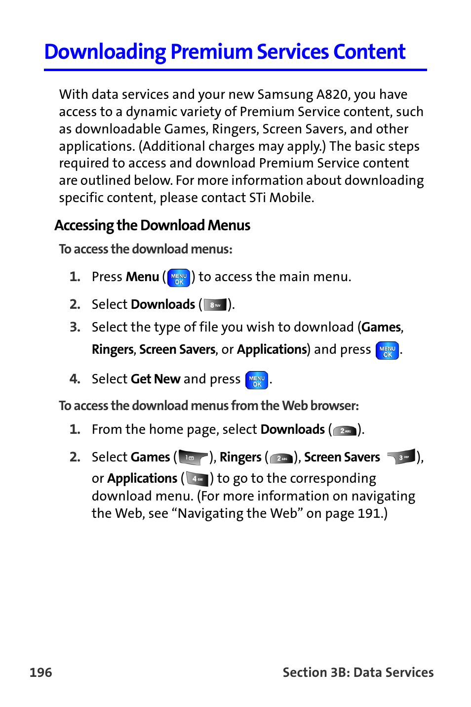Downloading premium services content | Samsung A820 User Manual | Page 204 / 239