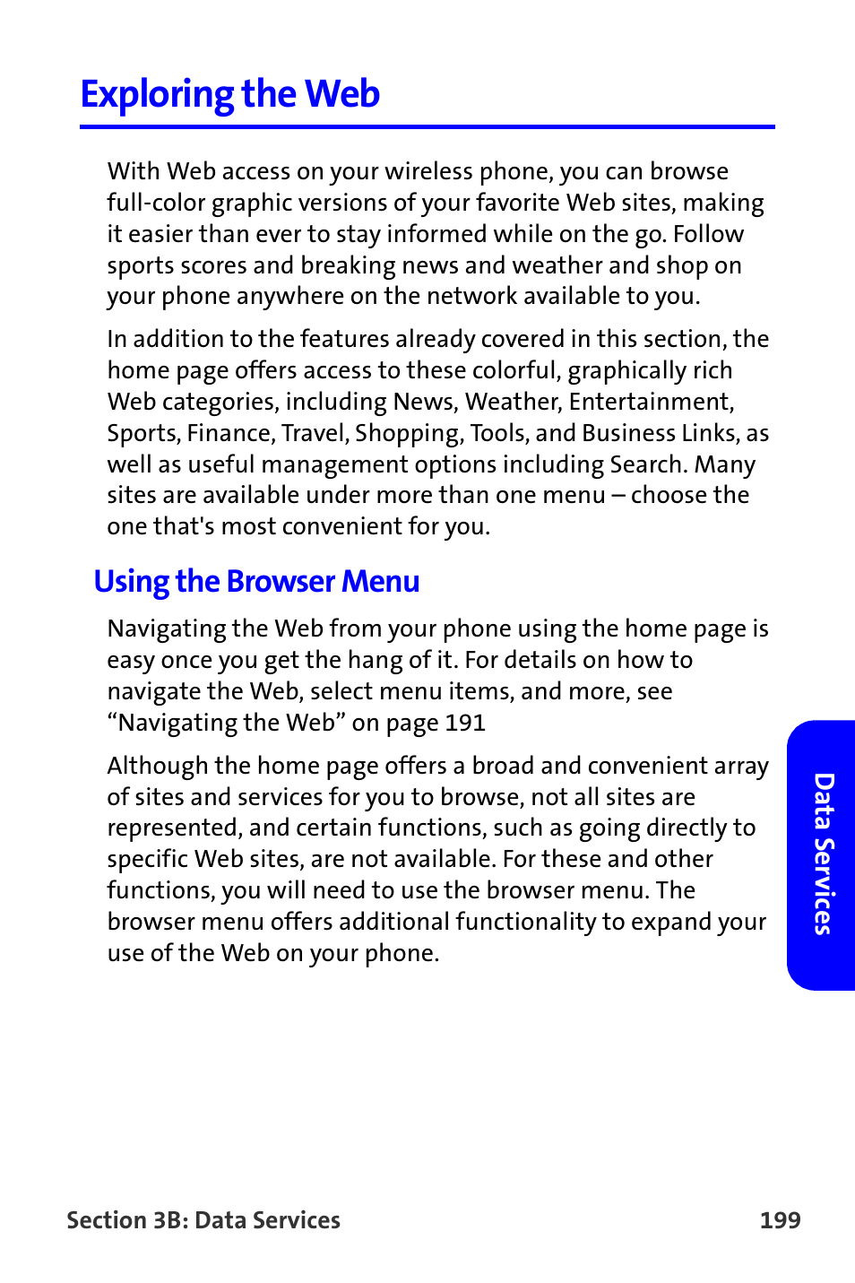 Exploring the web, Using the browser menu | Samsung A820 User Manual | Page 207 / 239