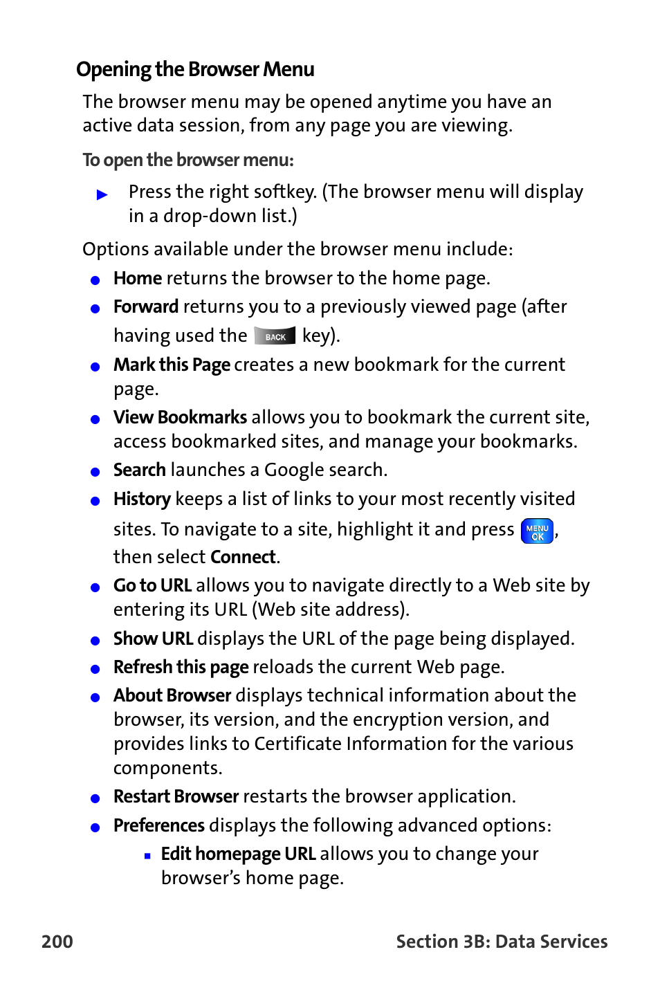 Opening the browser menu, Home returns the browser to the home page, Search launches a google search | Refresh this page reloads the current web page, Restart browser restarts the browser application | Samsung A820 User Manual | Page 208 / 239