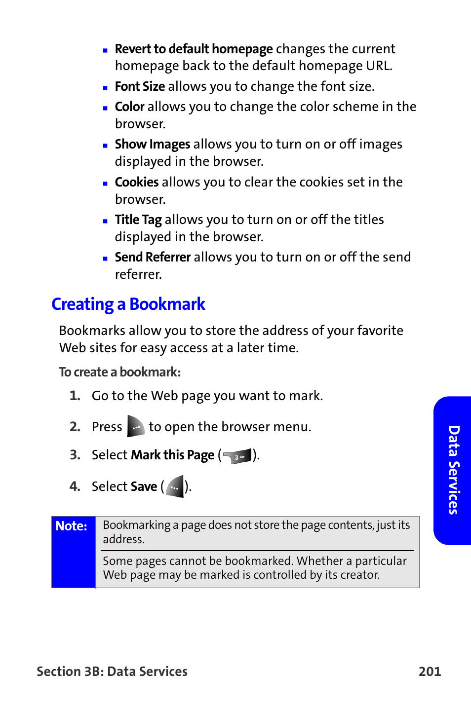 Creating a bookmark, Da ta s e rv ices | Samsung A820 User Manual | Page 209 / 239