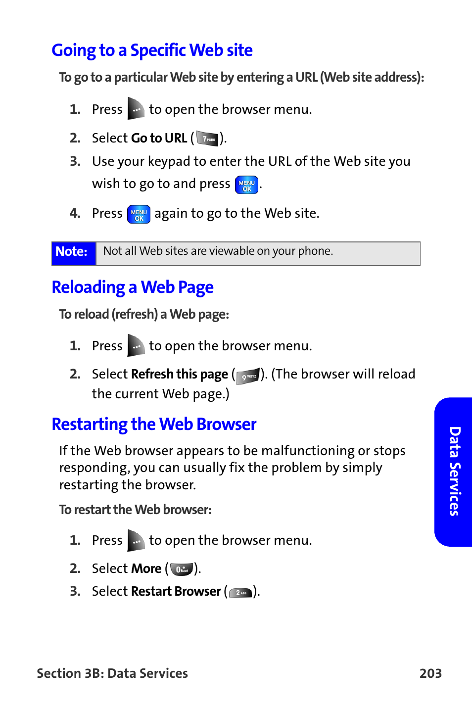 Going to a specific web site, Restarting the web browser, Reloading a web page | Samsung A820 User Manual | Page 211 / 239