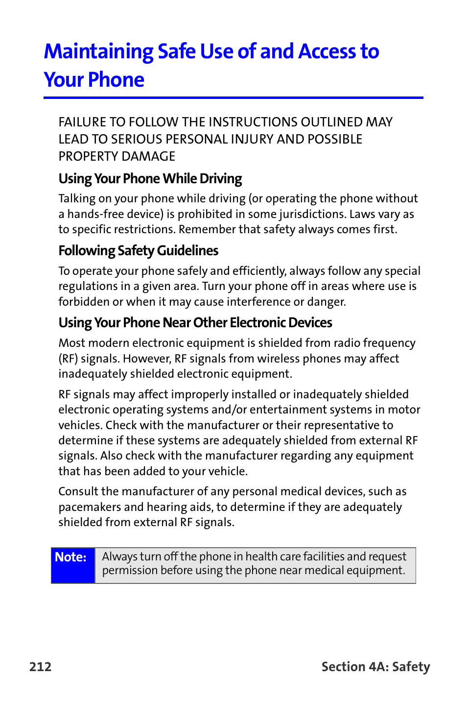 Maintaining safe use of and access to your phone | Samsung A820 User Manual | Page 220 / 239
