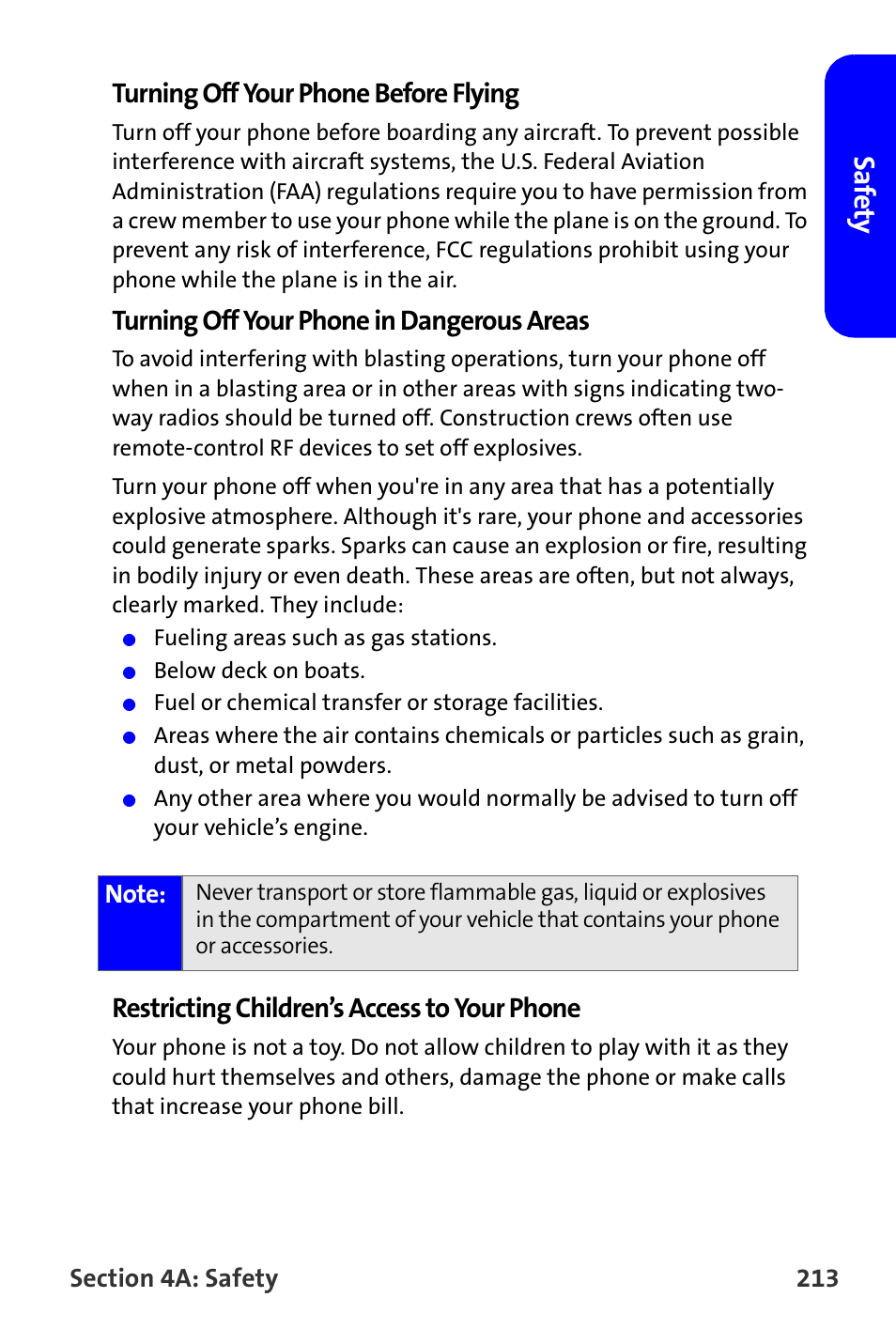 Saf e ty, Turning off your phone before flying, Turning off your phone in dangerous areas | Restricting children’s access to your phone | Samsung A820 User Manual | Page 221 / 239