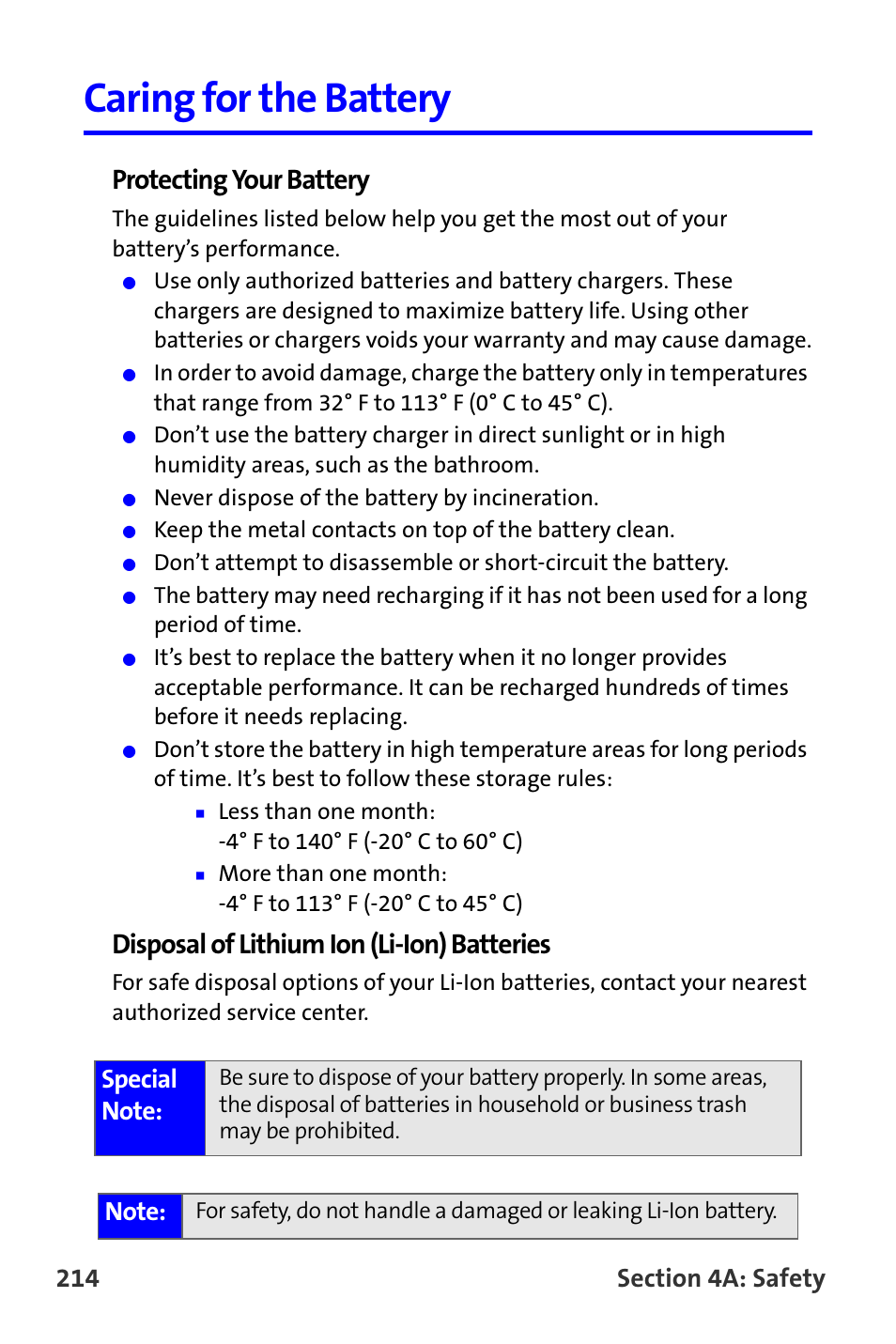 Caring for the battery, Protecting your battery, Disposal of lithium ion (li-ion) batteries | Samsung A820 User Manual | Page 222 / 239