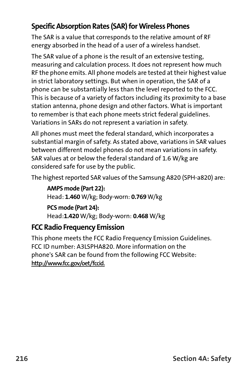 Fcc radio frequency emission | Samsung A820 User Manual | Page 224 / 239