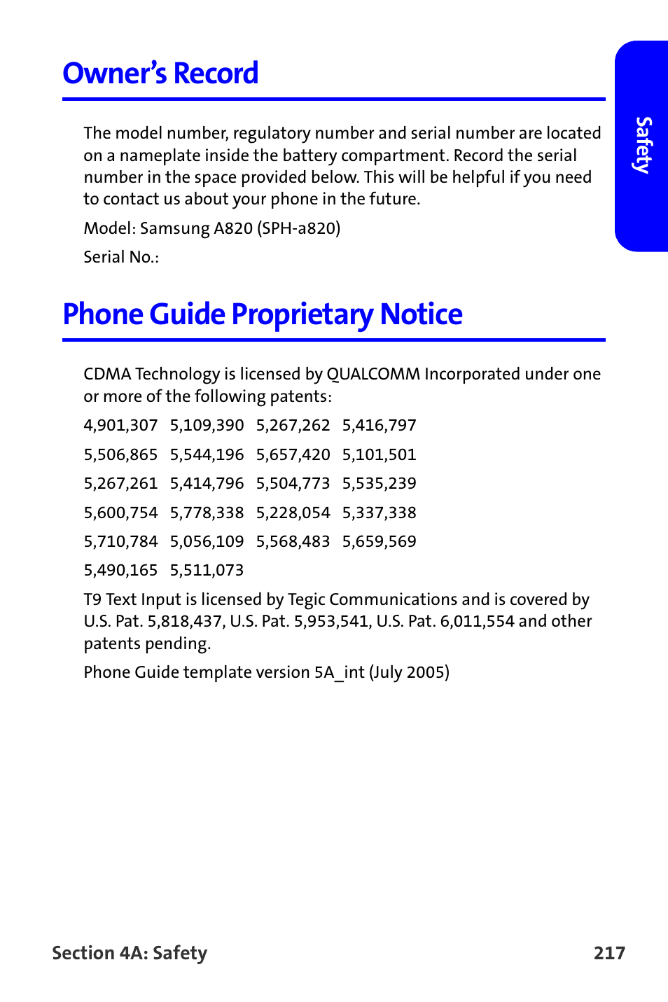 Owner’s record, Phone guide proprietary notice | Samsung A820 User Manual | Page 225 / 239