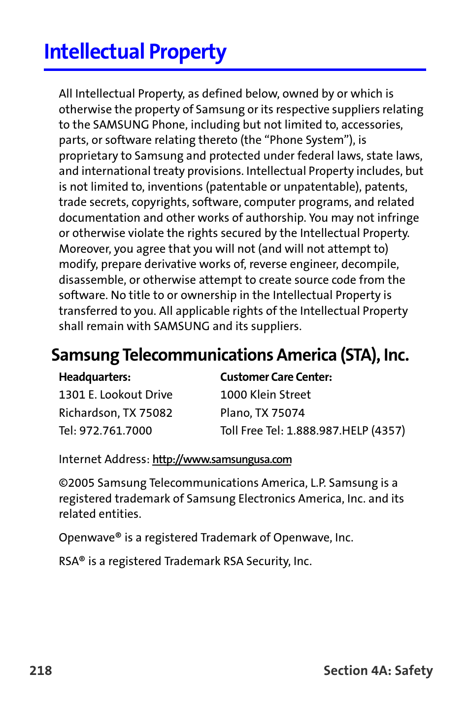 Intellectual property, Samsung telecommunications america (sta), inc | Samsung A820 User Manual | Page 226 / 239
