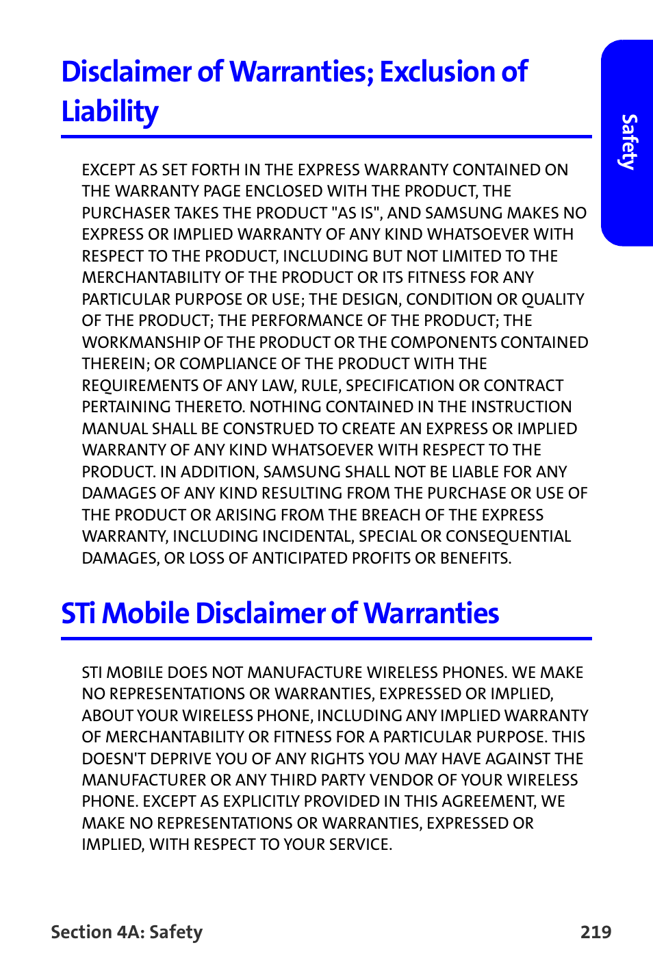 Disclaimer of warranties; exclusion of liability, Sti mobile disclaimer of warranties | Samsung A820 User Manual | Page 227 / 239
