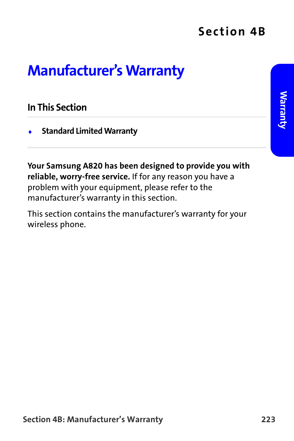 Manufacturer’s warranty, 4b. manufacturer’s warranty | Samsung A820 User Manual | Page 231 / 239