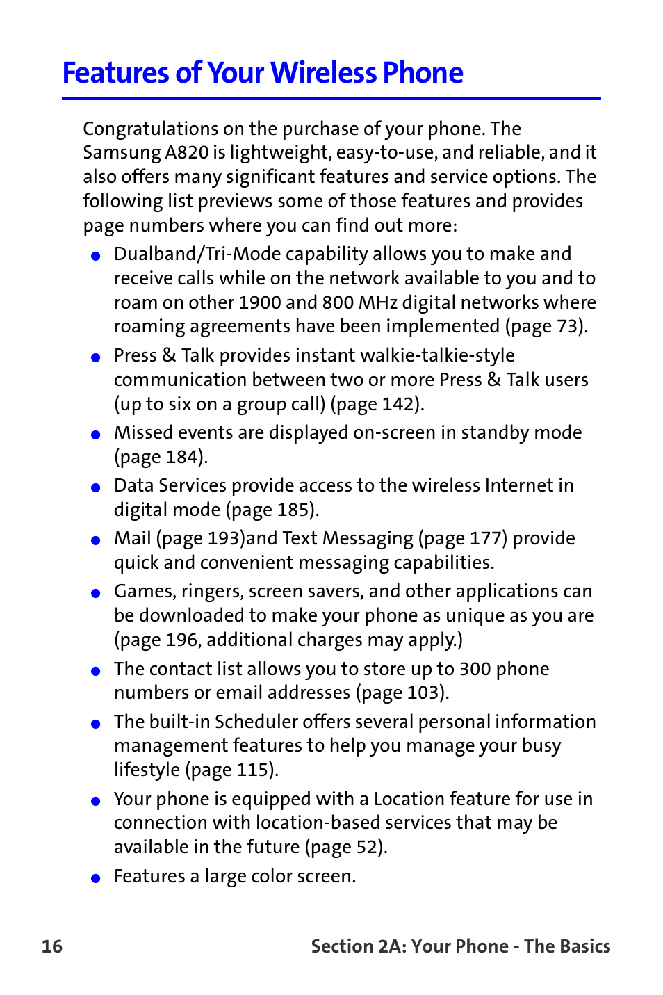 Features of your wireless phone, Features a large color screen | Samsung A820 User Manual | Page 24 / 239