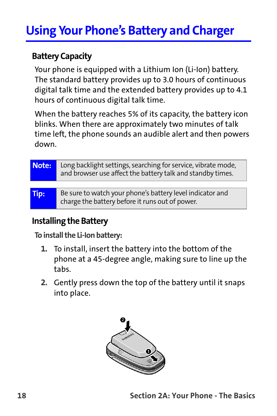 Using your phone’s battery and charger | Samsung A820 User Manual | Page 26 / 239