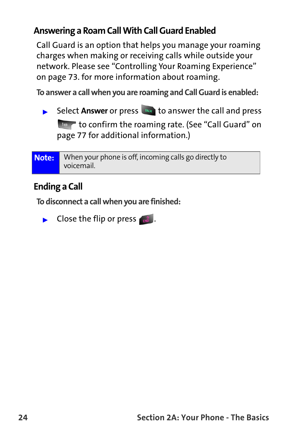 Answering a roam call with call guard enabled, Ending a call | Samsung A820 User Manual | Page 32 / 239