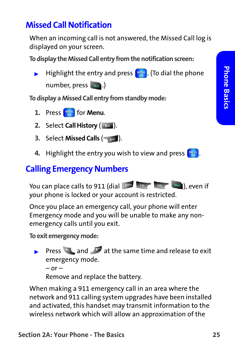 Missed call notification, Calling emergency numbers | Samsung A820 User Manual | Page 33 / 239