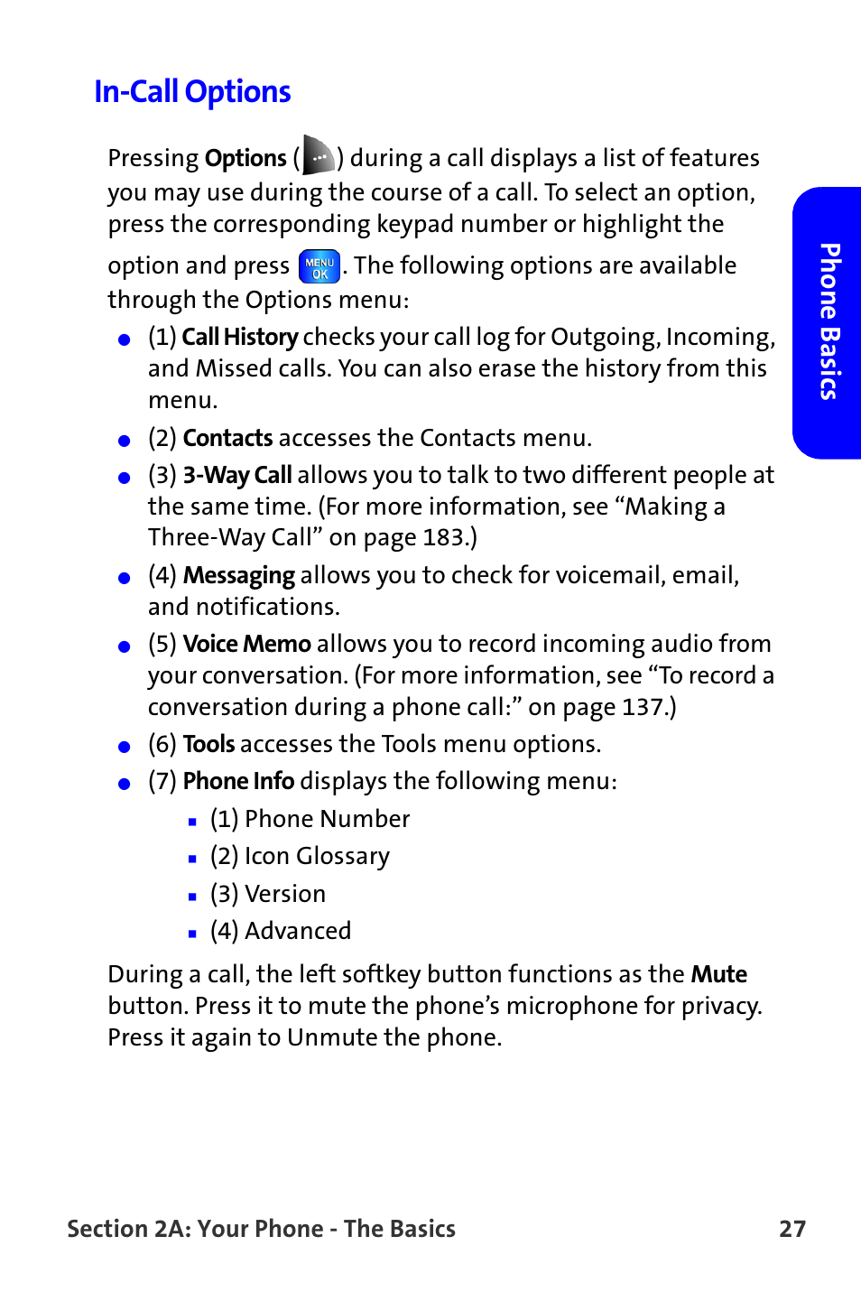 In-call options, Phone basics | Samsung A820 User Manual | Page 35 / 239