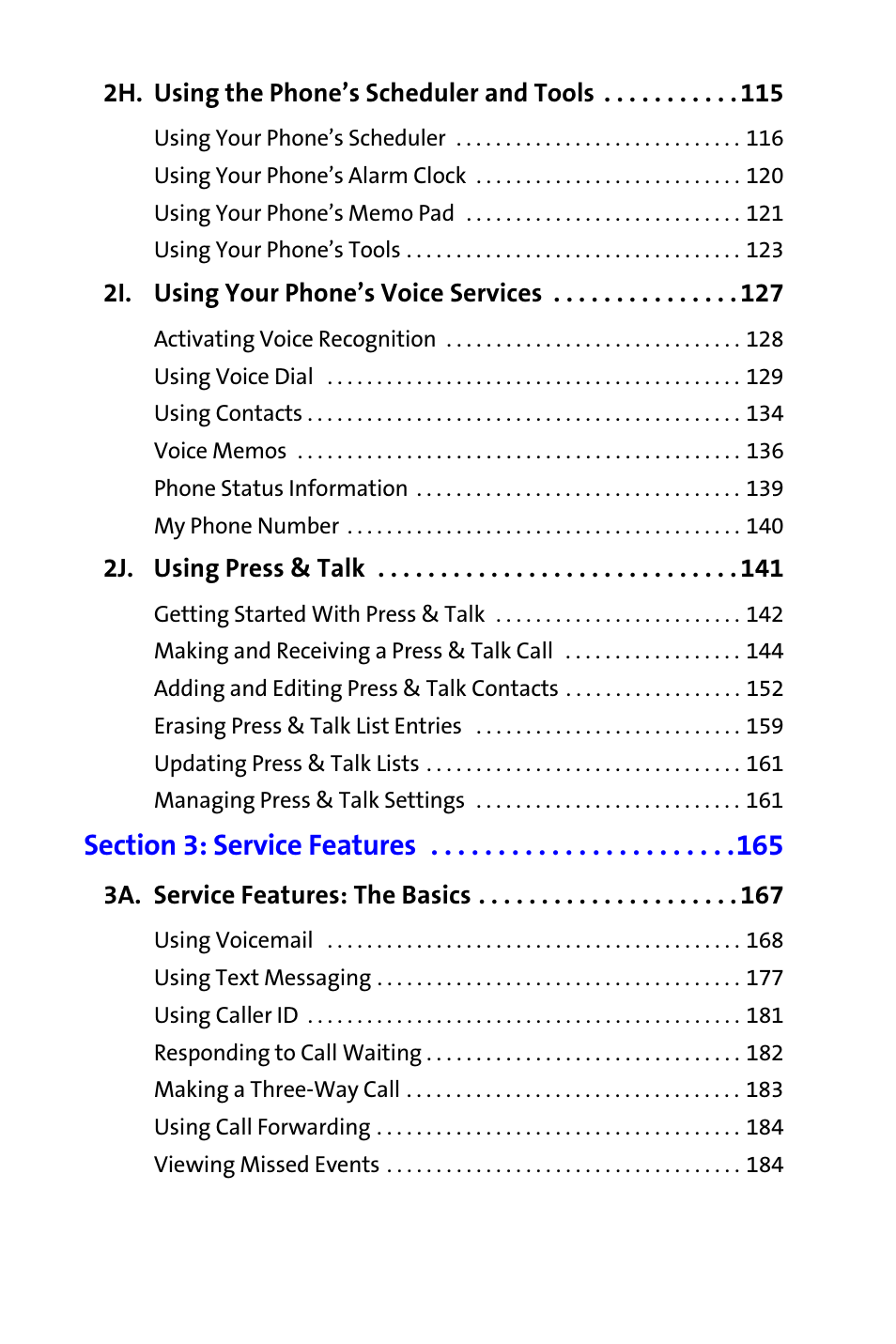 2h. using the phone’s scheduler and tools 115, 2i. using your phone’s voice services 127, 2j. using press & talk 141 | Section 3: service features 165, 3a. service features: the basics 167 | Samsung A820 User Manual | Page 5 / 239