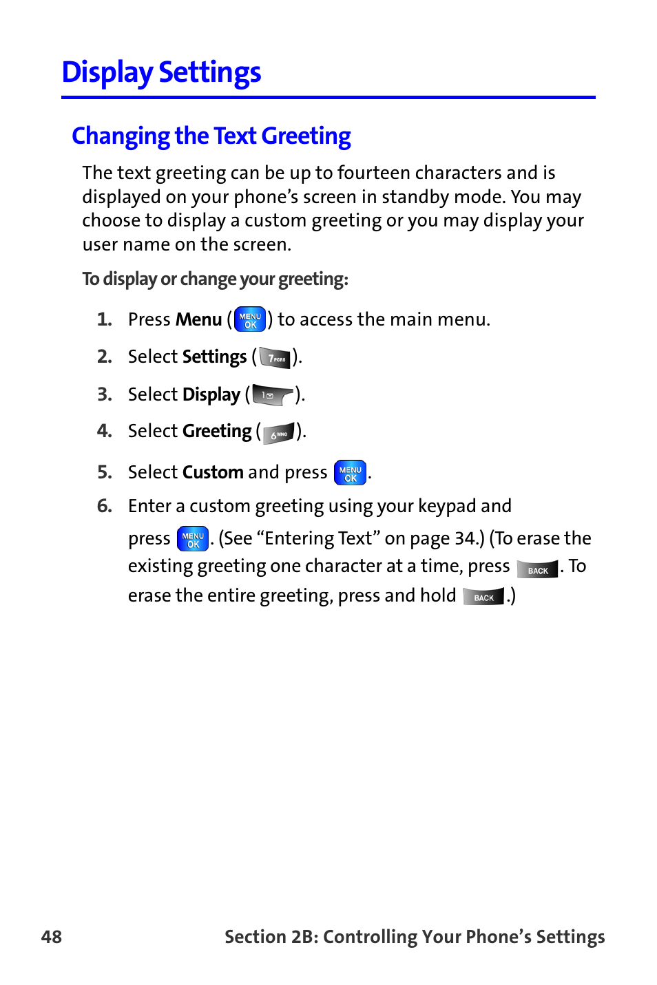 Display settings, Changing the text greeting | Samsung A820 User Manual | Page 56 / 239